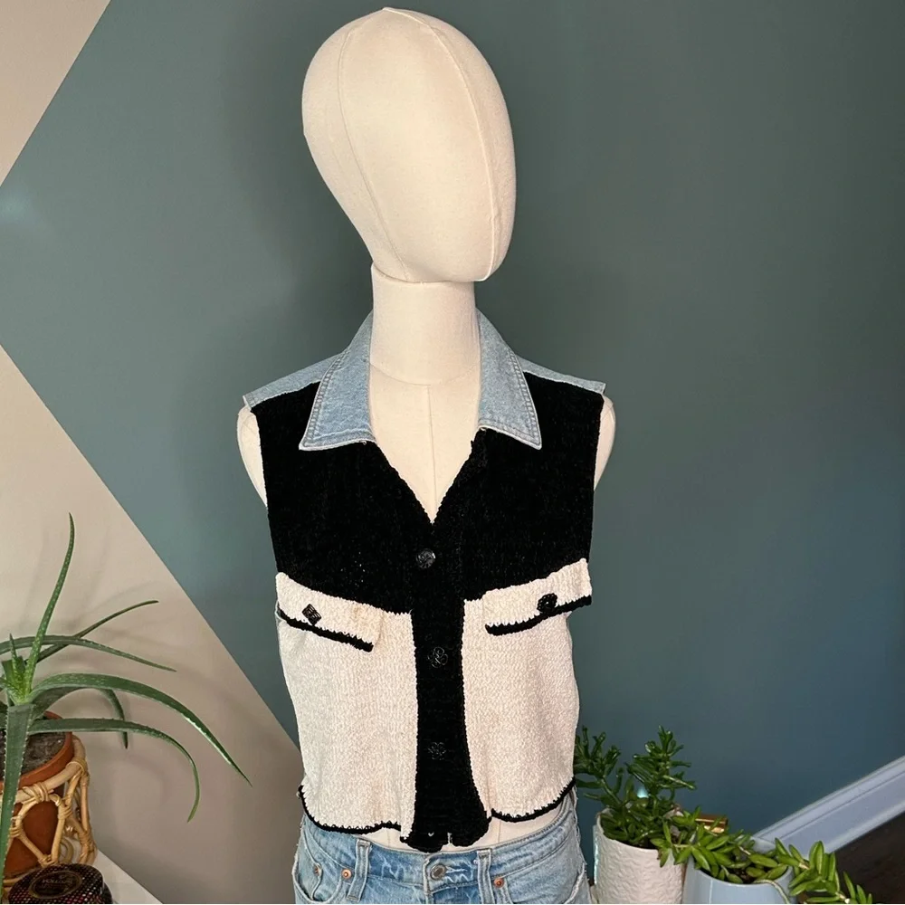 Vintage 90s Romeo Romeo Bouclé & Denim Vest – Western Y2K Aesthetic Size M - Picture 2 of 14